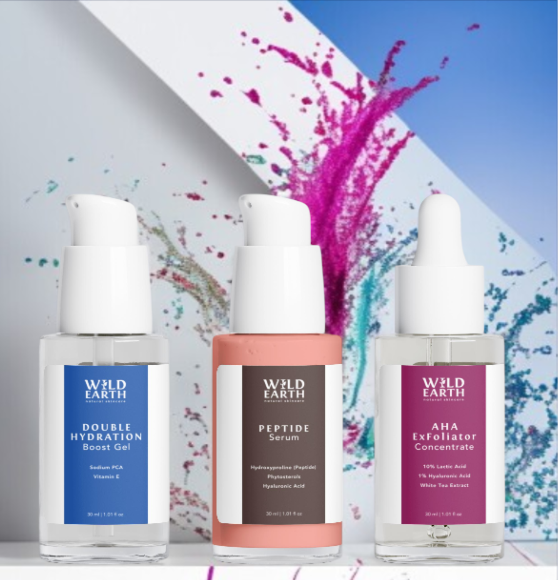 Three Wild Earth skincare products with colorful splash background